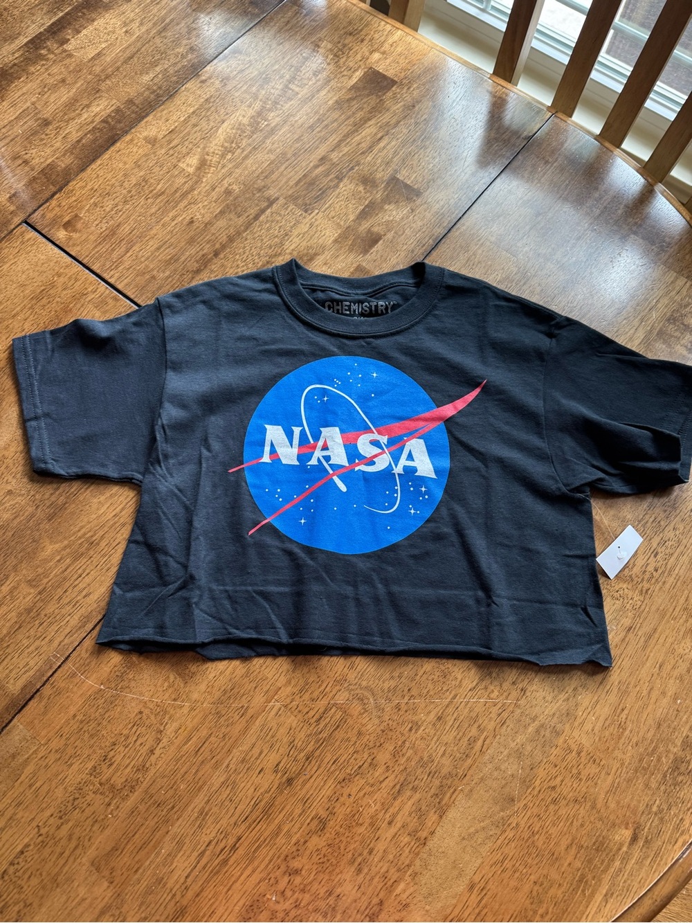 Nasa Black Crop Tee with Blue NASA Graphic and Red Accent